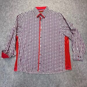 Banana Lemon Button Up Shirt Mens XL Mesh Sides Paisley Stripe Red White Blue